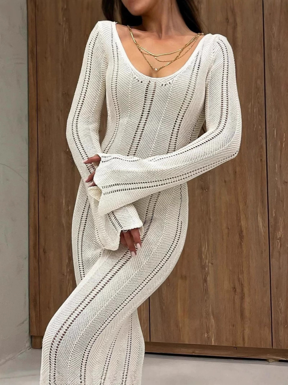 ZARA Elegant V Neck Flare Sleeve Sheer Knit Bodycon Maxi Dress
